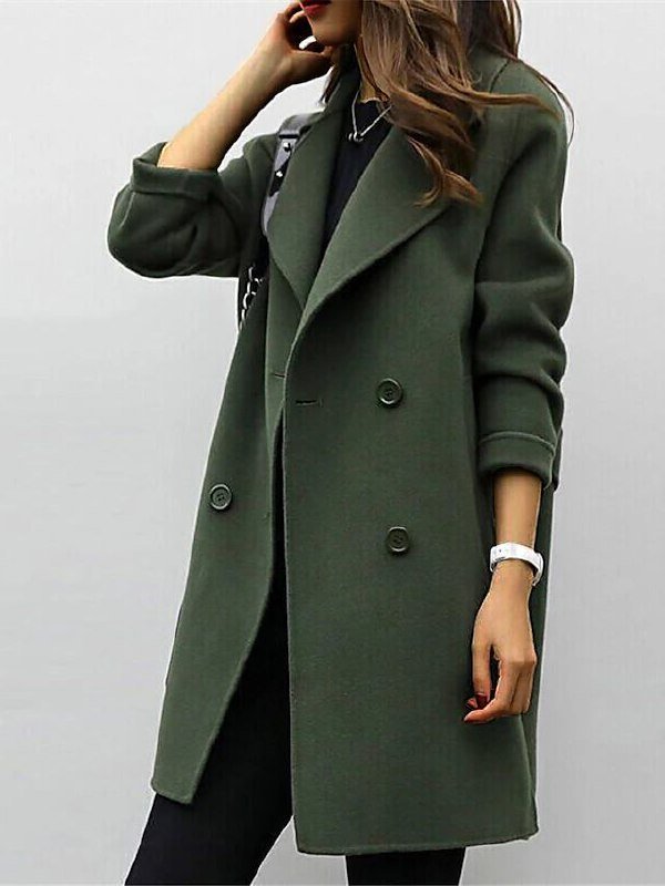 Women’s Double-Breasted Coat – Structured Fit – Wool Blend – Wide Lapels – Knee Length