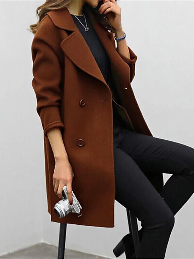 Women’s Double-Breasted Coat – Structured Fit – Wool Blend – Wide Lapels – Knee Length