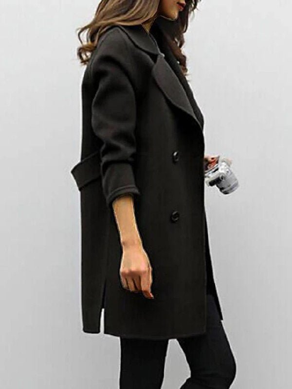 Women’s Double-Breasted Coat – Structured Fit – Wool Blend – Wide Lapels – Knee Length