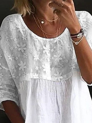 Women’s Loose Fit Shirt – Cotton Lace – Floral Embroidery – Crew Neck – Full Sleeve