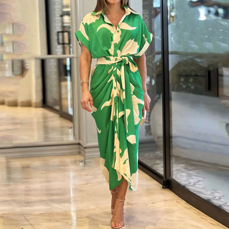 Women's Vintage Ruffle Print Summer Shirt Dress