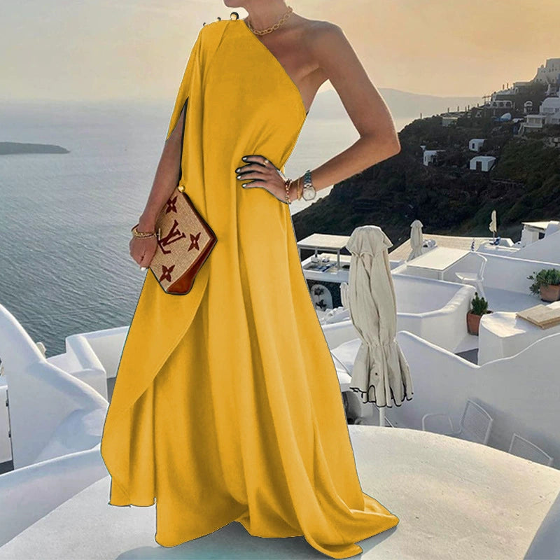 Women’s Maxi Dress - One Shoulder Draped Design - Elegant Formal Evening Wear