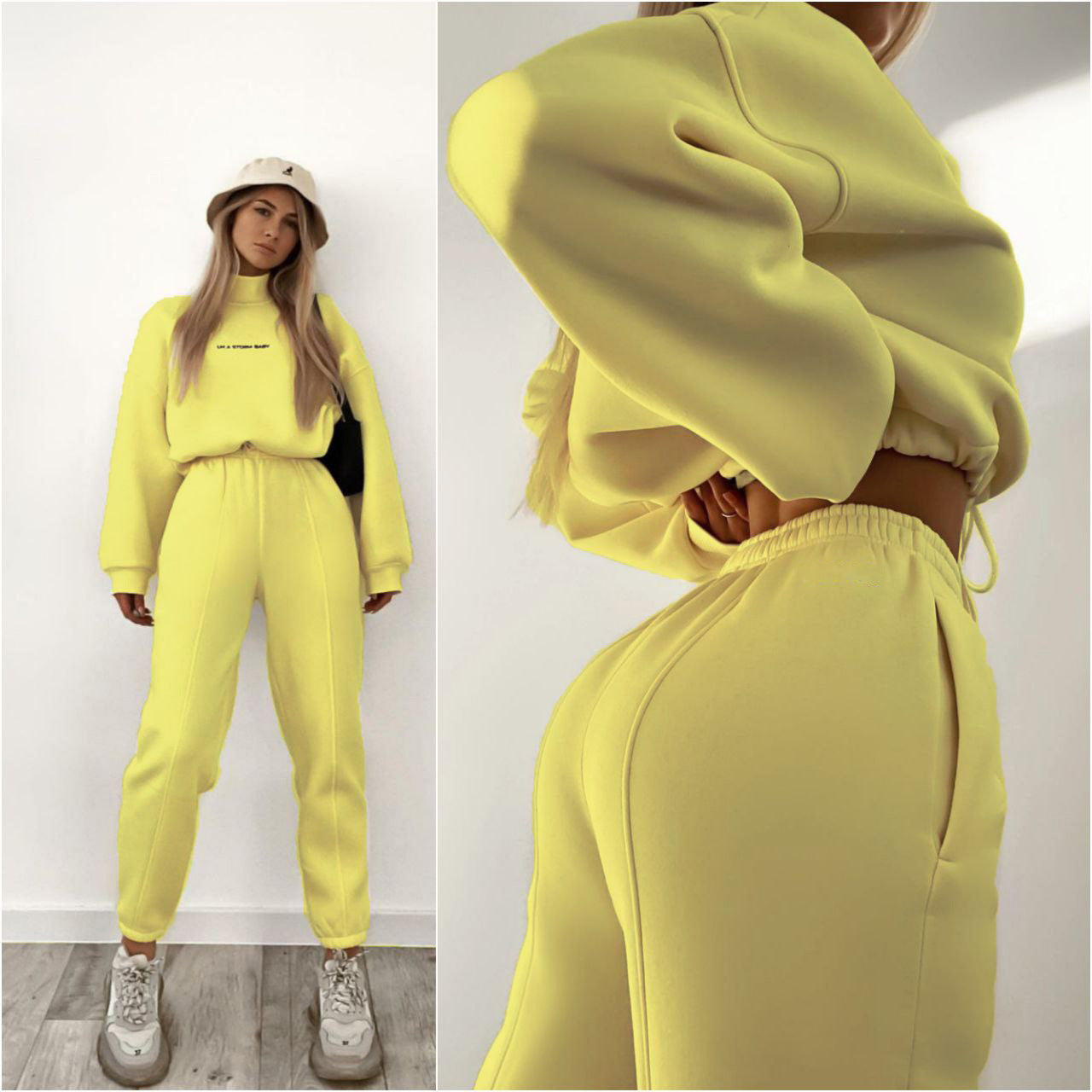Women's Cozy Yellow Tracksuit - Relaxed Fit Sweatshirt and Joggers Set - Casual Chic