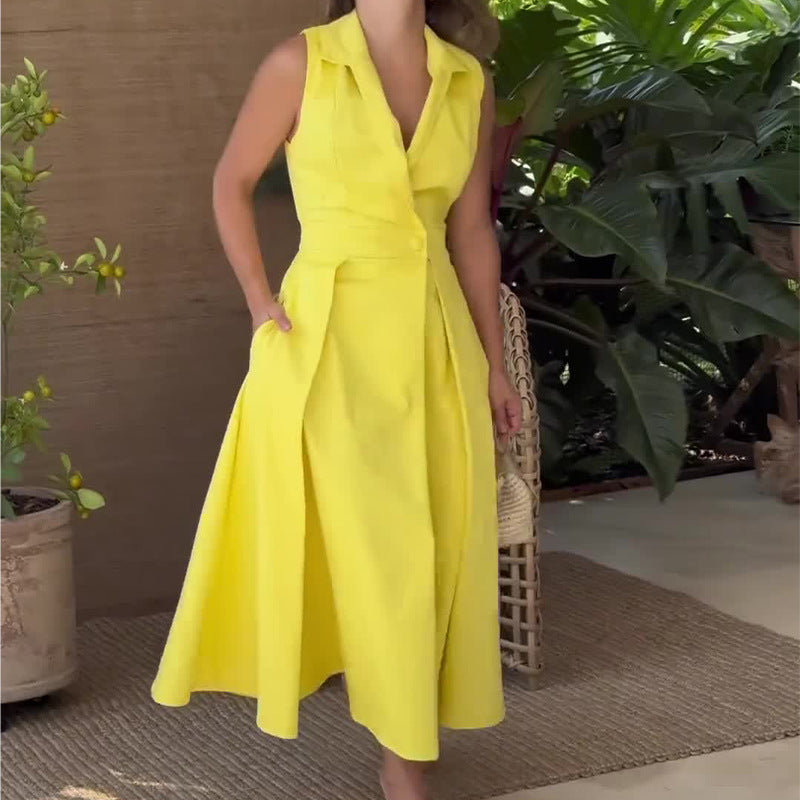 Women’s Midi Dress – Tailored Fit – V-Neck Button Front – Flared Skirt – Sleeveless