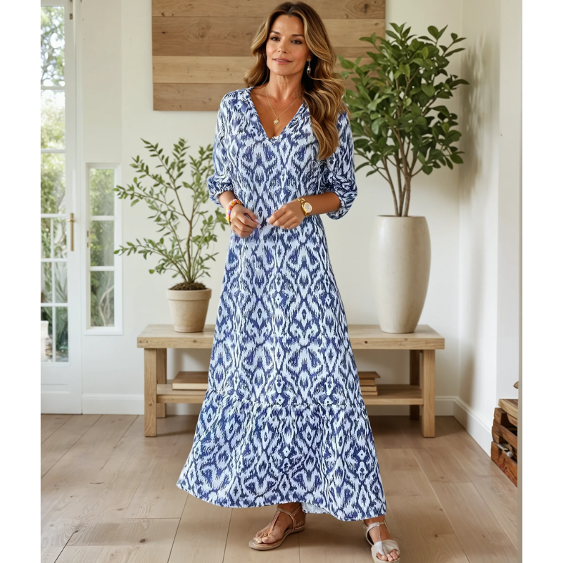 Women’s Maxi Dress – Relaxed Fit – V-Neck – Short Sleeve – Boho Tassel Detail – Breathable Blend