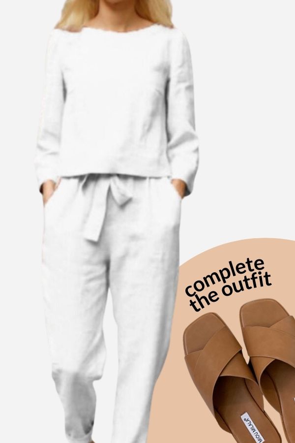 Women's Linen 2-piece set long sleeve shirt elastic waistband pencil pants