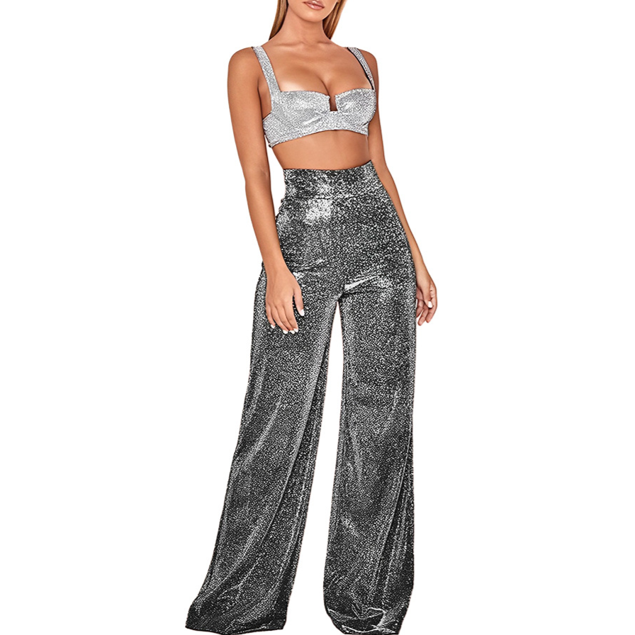 Women's High-Waisted Trousers - Glitter Shimmer Fabric - Wide-Leg Elegant Fit