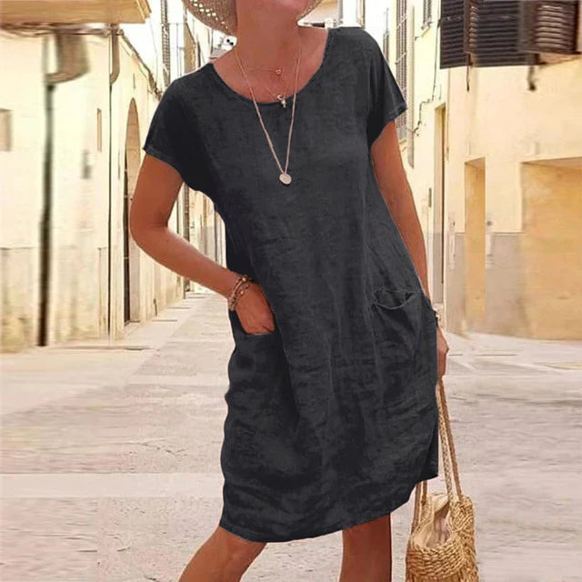 Women’s Knee-Length Dress – Natural Fibers – Relaxed Fit – Short Sleeve – With Pockets