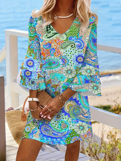 Women's Dress - V-Neck - Long Sleeve - Flowy Lightweight Paisley Boho Style