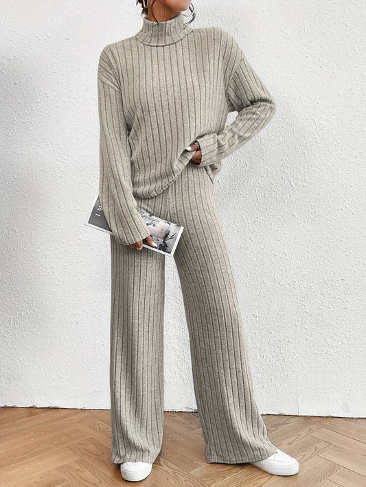 Women's two-piece set with turtleneck sweater and wide pants