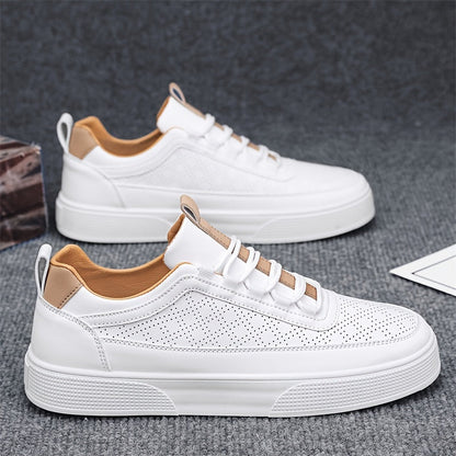 Men’s Leather Sneakers - Breathable Perforated Design - Cushioned Sole - Casual Wear