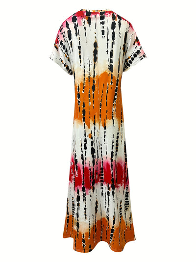 Women’s Maxi Dress – V-Neck – Abstract Print – Short Sleeve – Relaxed Fit – Side Slits