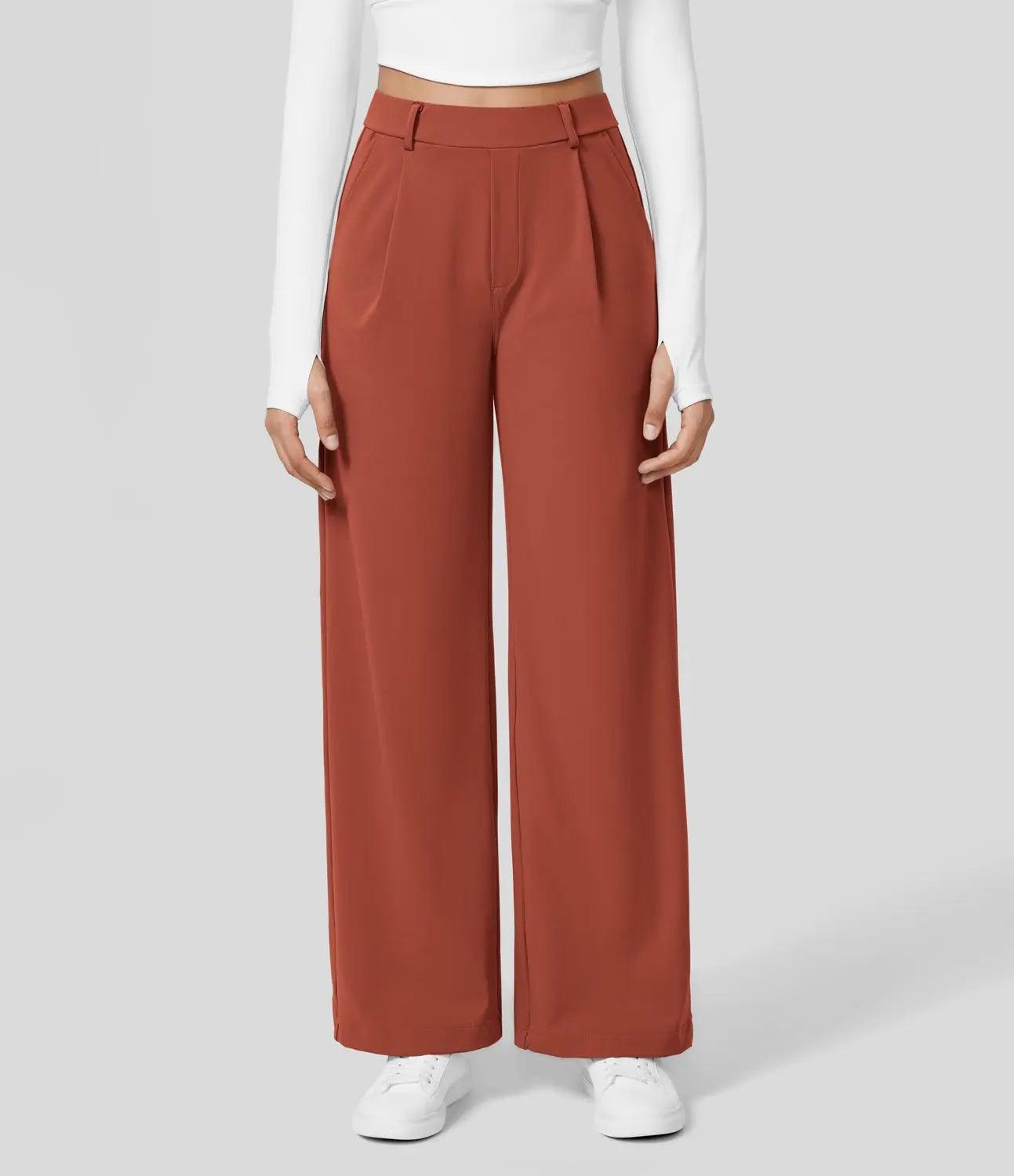 Women's Wide-Leg Trousers - High Waist - Pleated Front - Full Length - Side Pockets