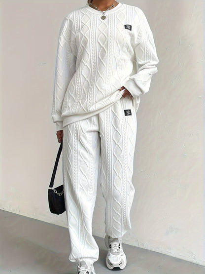 Women’s Lounge Set – Cable Knit – Relaxed Fit – Ribbed Cuffs – Full Length Cozy Wear