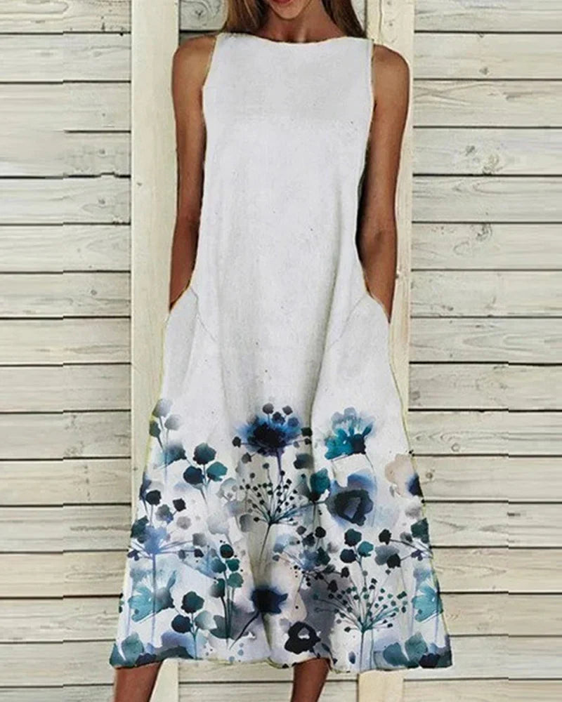 Women’s Midi Dress – Sleeveless A-Line – High Neck – Floral Detail – Natural Fibers