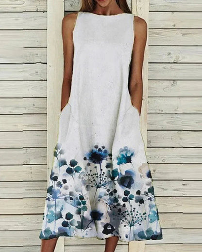 Women’s Midi Dress – Sleeveless A-Line – High Neck – Floral Detail – Natural Fibers