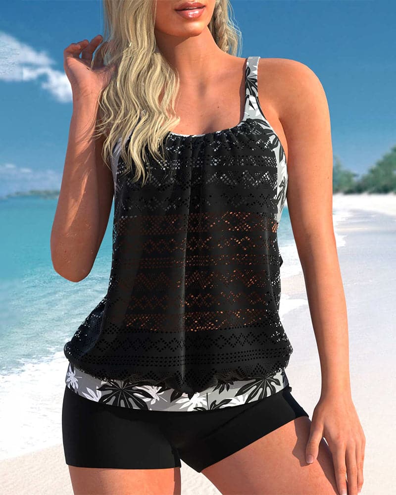 Women’s Tankini Set – Soft Knit – Lace Overlay – Relaxed Fit – Matching Shorts