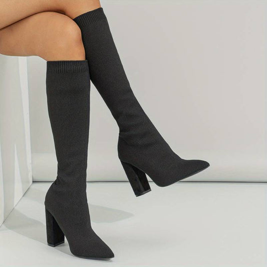 Women’s Knee High Sock Boots – Stretch Knit – Slim Fit – Pointed Toe – Block Heel
