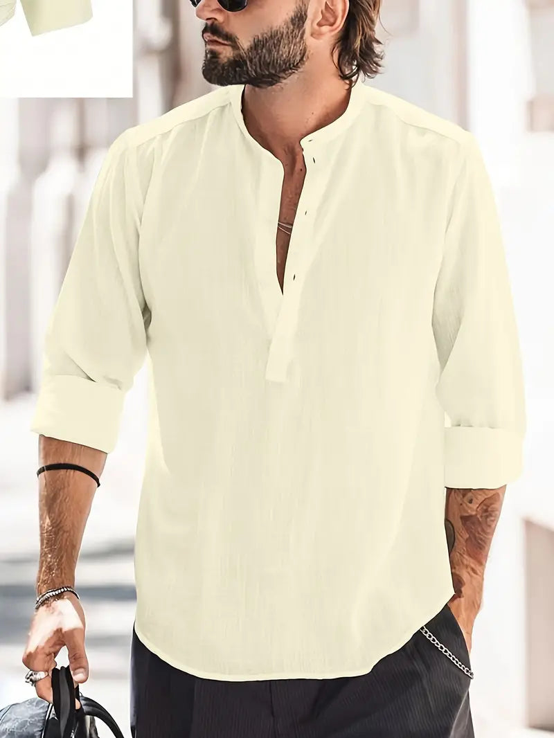 Men’s Long Sleeve Shirt – Relaxed Fit – Breathable Blend – Mandarin Collar – Casual Style