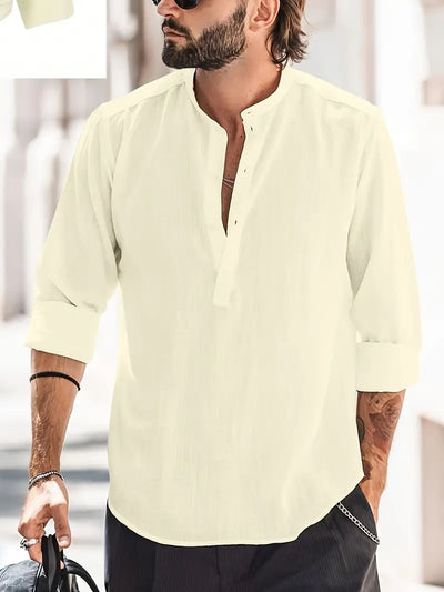 Men’s Long Sleeve Shirt – Relaxed Fit – Breathable Blend – Mandarin Collar – Casual Style