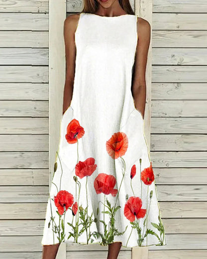 Women’s Midi Dress – Sleeveless A-Line – High Neck – Floral Detail – Natural Fibers