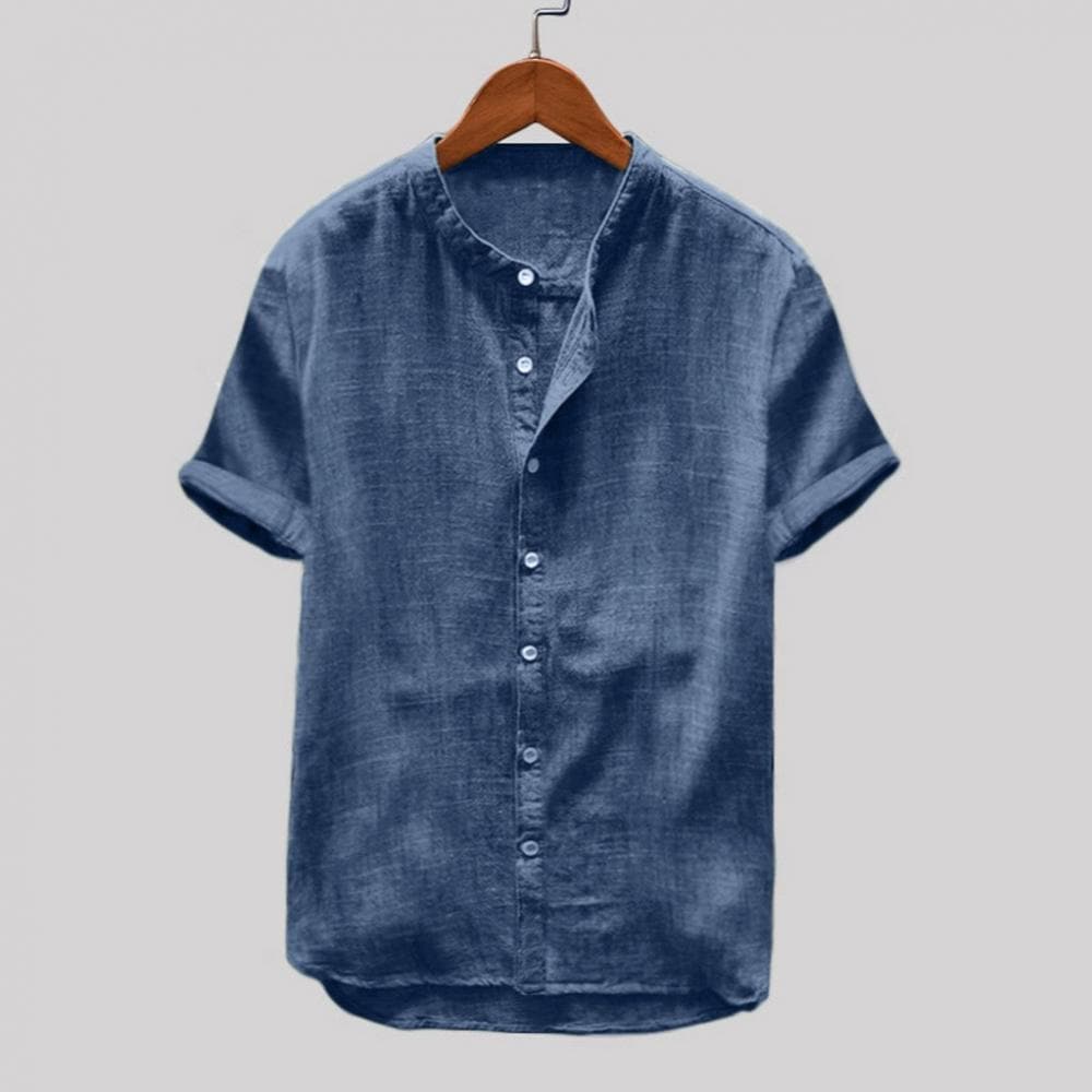 Men’s Short Sleeve Shirt – Relaxed Fit – Breathable Blend – Mandarin Collar Casual Wear