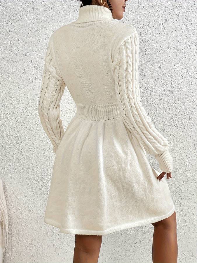 Women's Sweater Dress - Knitted Cable Knit - Turtleneck - Long Sleeve - Ribbed Waist
