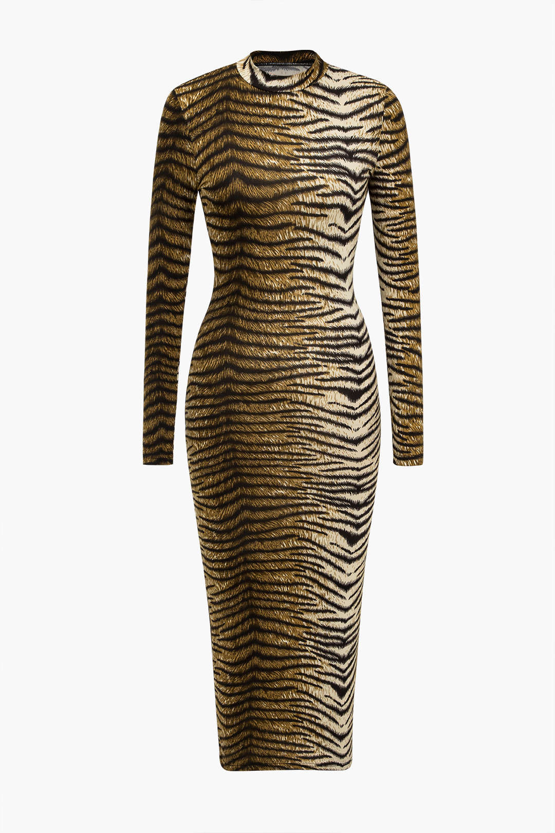 Women's Bodycon Midi Dress - Long Sleeve - High Neck - Animal Print Stylish Fit