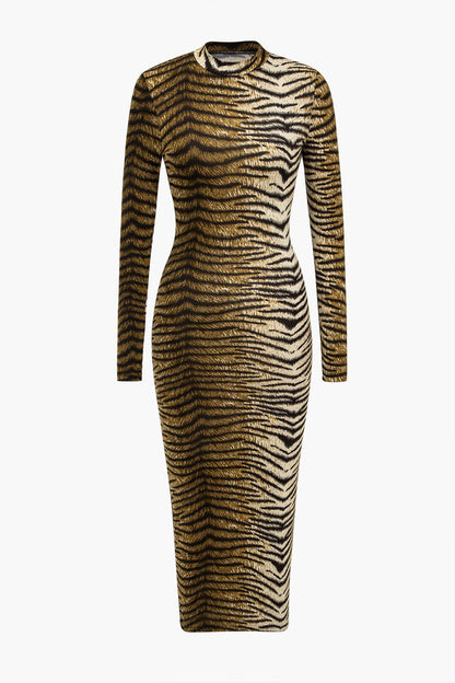 Women's Bodycon Midi Dress - Long Sleeve - High Neck - Animal Print Stylish Fit