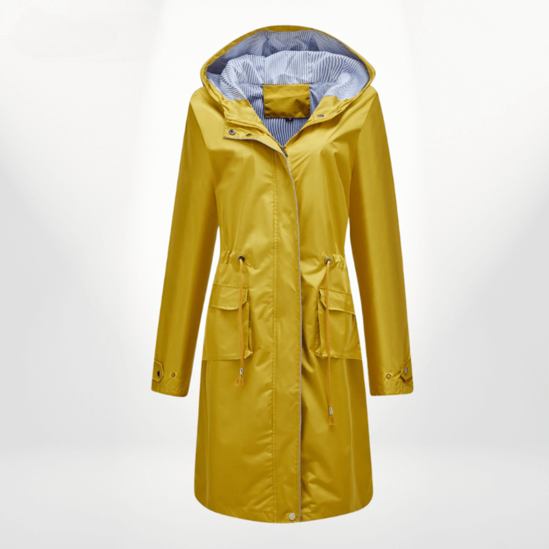 Women’s Trench Coat – Waterproof Over-Knee – Hooded – Adjustable Waist – Flap Pockets