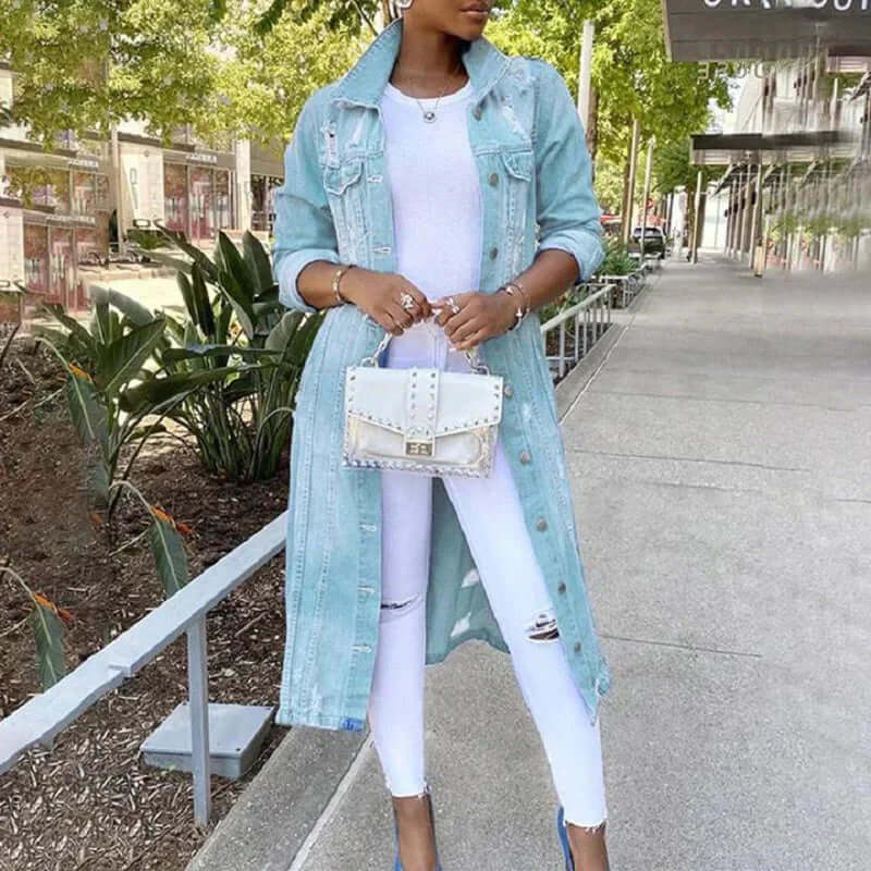 Women’s Trench Coat – Denim – Relaxed Fit – Distressed – Full Length – Button Front