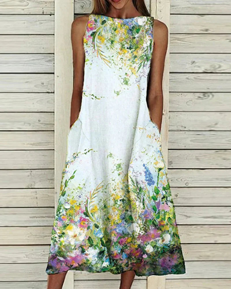 Women’s Midi Dress – Sleeveless A-Line – High Neck – Floral Detail – Natural Fibers