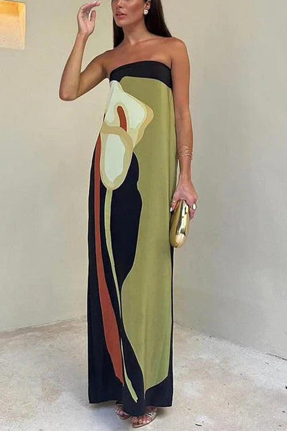 Strapless Avocado Print Maxi Dress – Off-Shoulder Summer Dress for Women