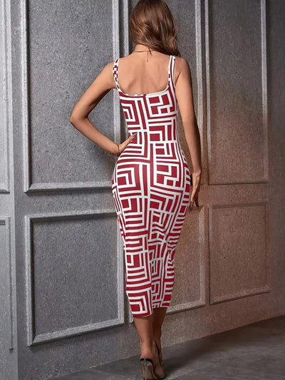 Women's Bodycon Midi Dress - Square Neck - Sleeveless - Geometric Pattern - Fitted Silhouette