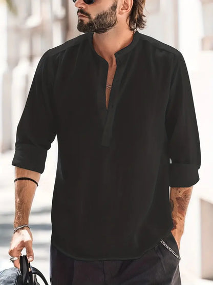 Men’s Long Sleeve Shirt – Relaxed Fit – Band Collar – Natural Fibers – Casual Style