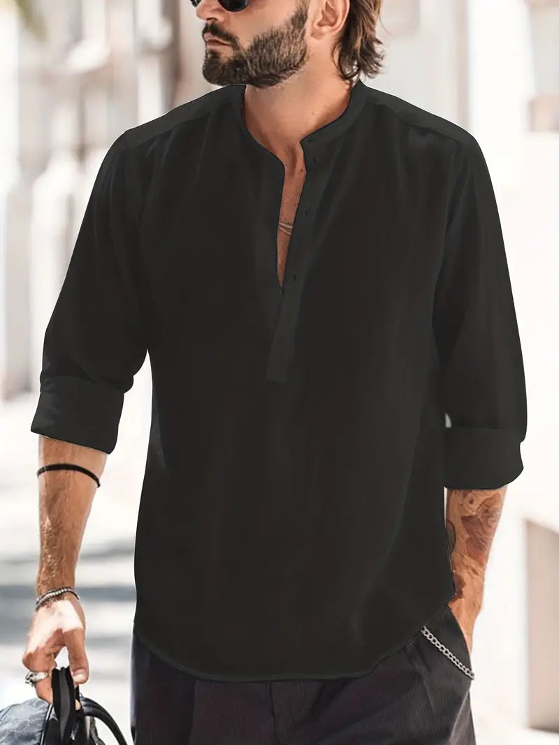 Men’s Long Sleeve Shirt – Relaxed Fit – Breathable Blend – Mandarin Collar – Casual Style
