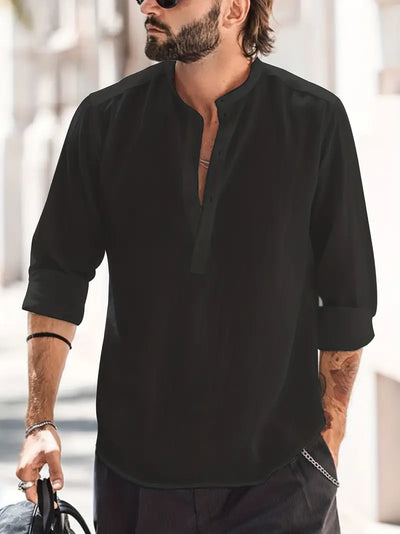 Men’s Long Sleeve Shirt – Relaxed Fit – Breathable Blend – Mandarin Collar – Casual Style