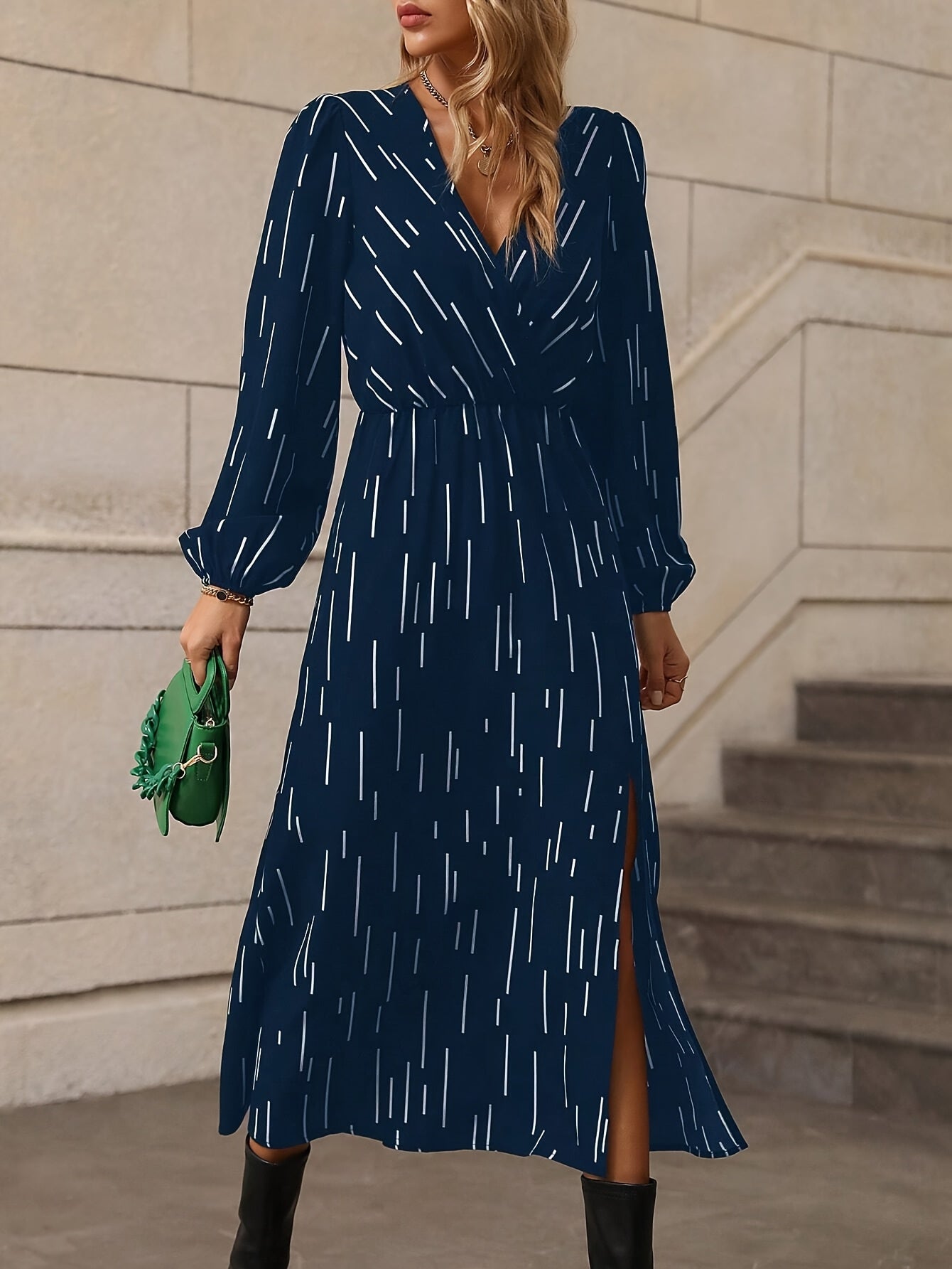 Women's Wrap Midi Dress - V-Neck - Long Sleeve - Belted Waist C-Buckle - Side Slit
