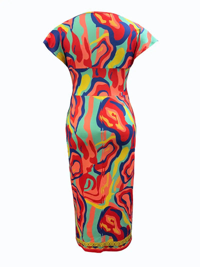 Women's Bodycon Dress - Patchwork Denim - Midi Length - V-Neck Short Sleeve