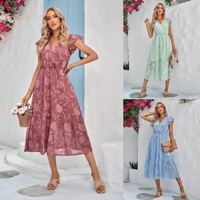 Women's Floral Dress - V-Neck - Short Ruffled Sleeves - Fitted Waist - Flowy Knee-Length