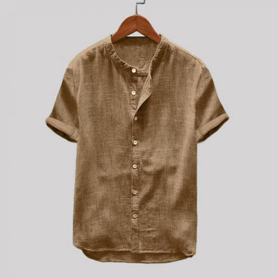 Men’s Short Sleeve Shirt – Relaxed Fit – Breathable Blend – Mandarin Collar Casual Wear