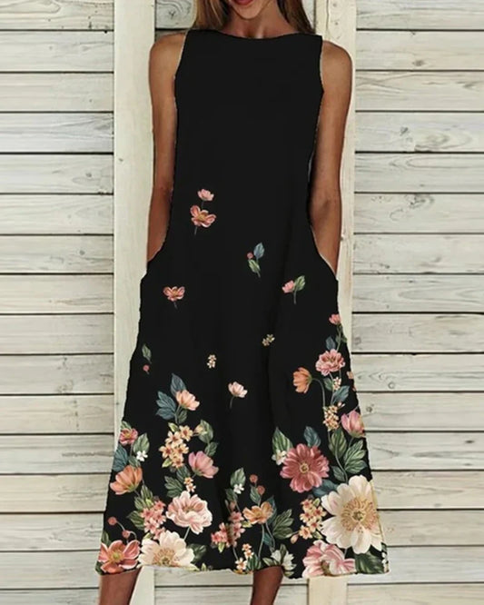 Women’s Midi Dress – Sleeveless A-Line – High Neck – Floral Detail – Natural Fibers