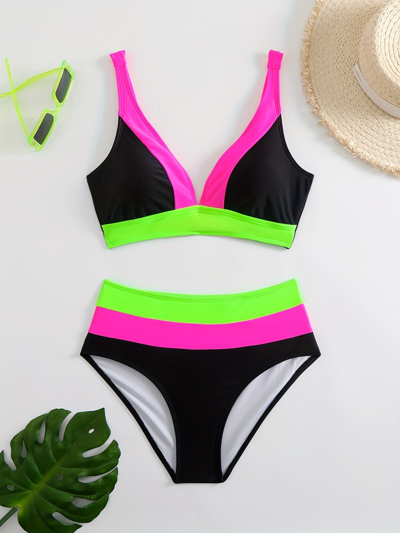 Women’s Bikini Set – V-Neck Top – Ruched Straps – High-Waisted – Stretch Fit