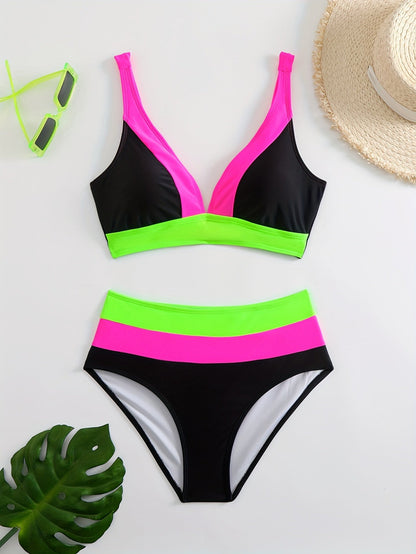 Women’s Bikini Set – V-Neck Top – Ruched Straps – High-Waisted – Stretch Fit