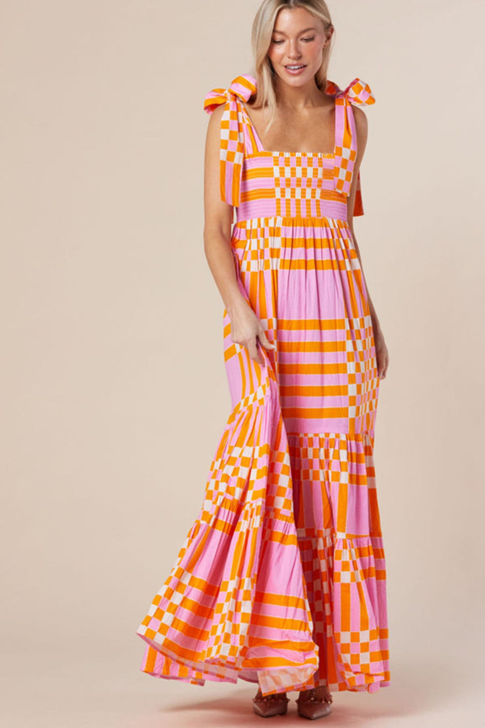 Women’s Maxi Dress – A-Line Fit – Bow Straps – Lightweight Woven – Checkered Pattern