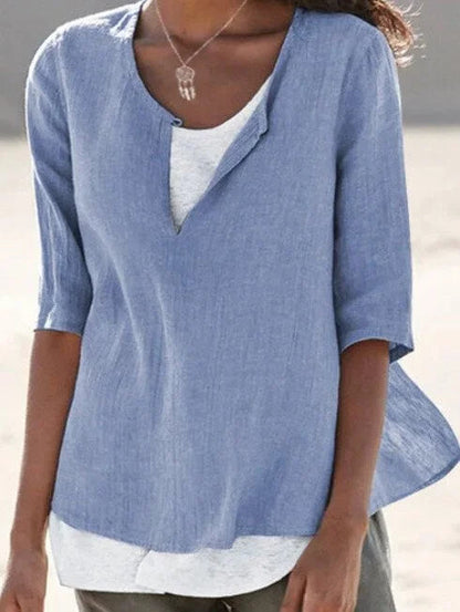 Women’s Blouse – Relaxed Fit – Layered V-Neck – Mid Sleeve – Breathable Blend