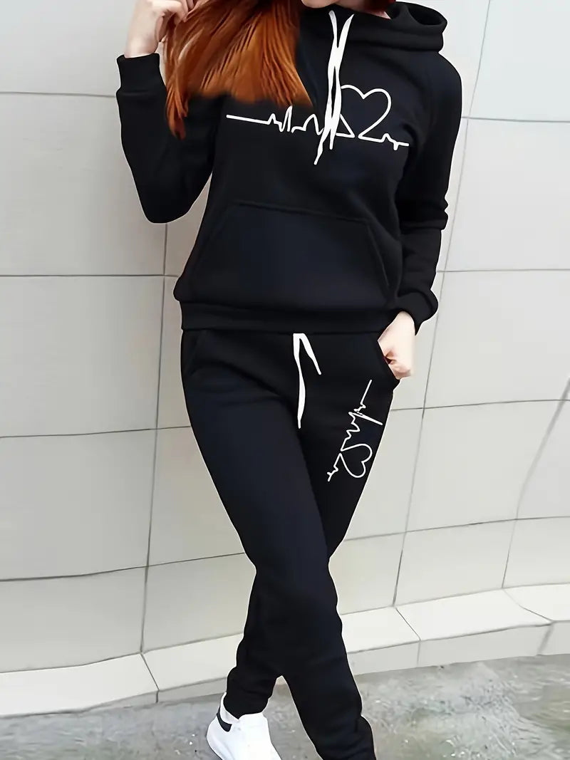 Women's Hoodie & Joggers Set - Heartbeat Graphic - Relaxed Fit - Drawstring Hood & Waist