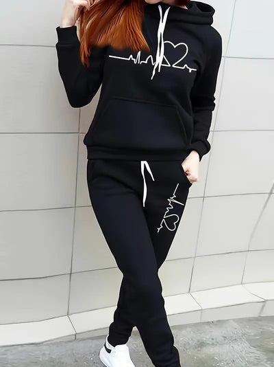 Women's Hoodie & Joggers Set - Heartbeat Graphic - Relaxed Fit - Drawstring Hood & Waist