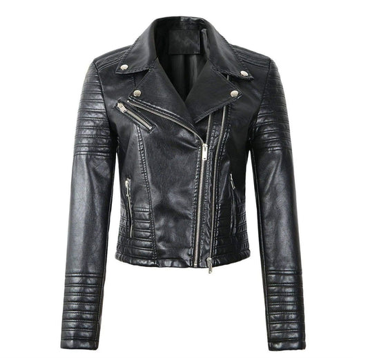 Classic women's leather biker jacket with asymmetrical zipper