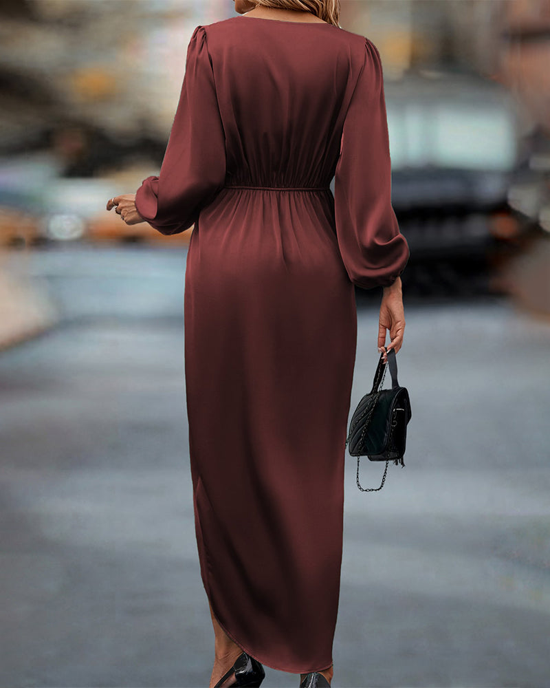 Elegant V-Neck Dress with Lantern Sleeves for Women